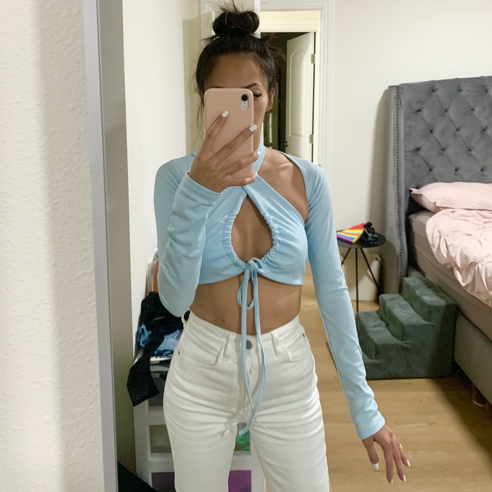 Two-Piece Drawstring Rib Halter Crop Top - Picture 4 of 4